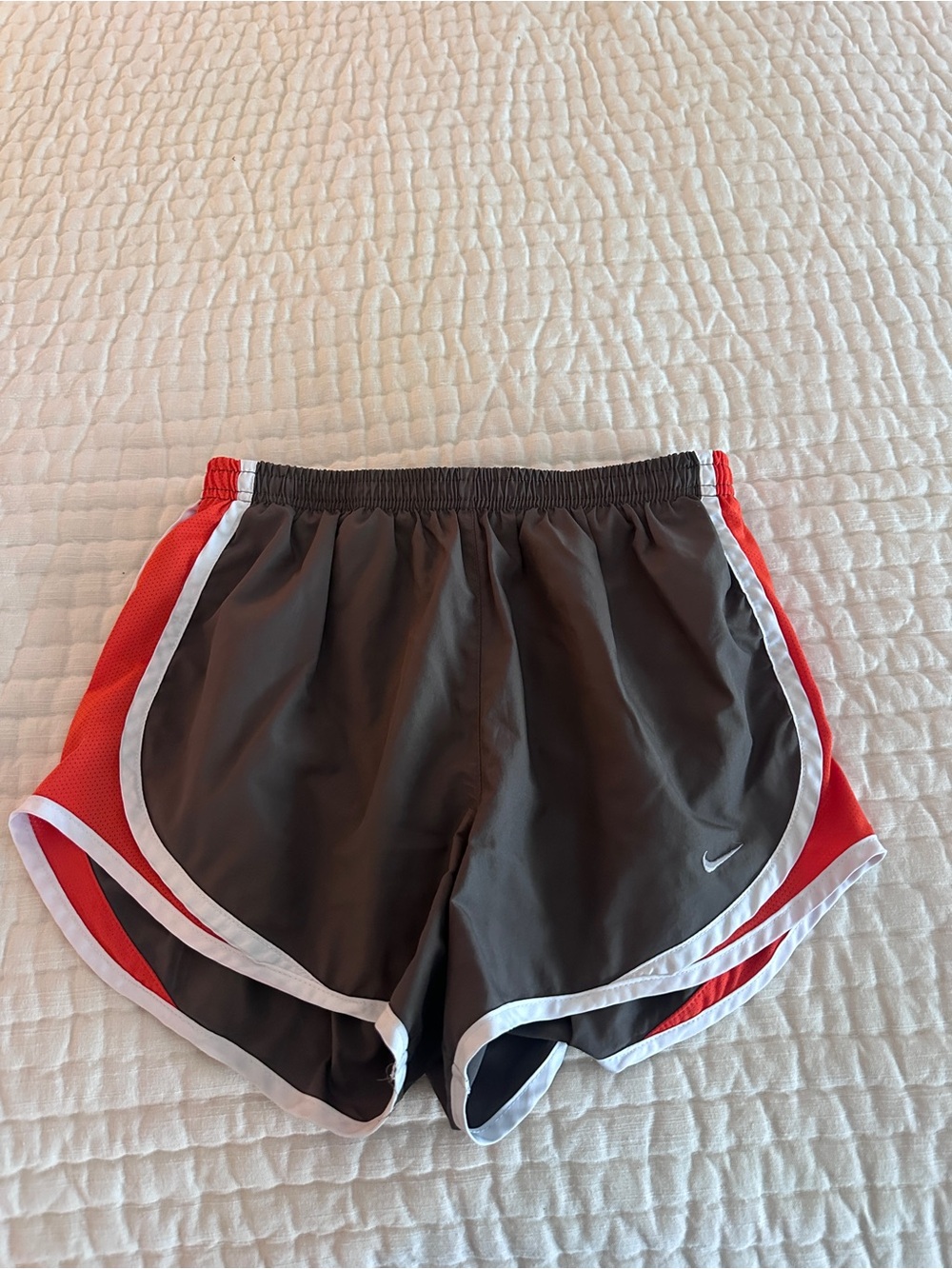 Nike Women's Gray Athletic Shorts with Red Panels and White Trim